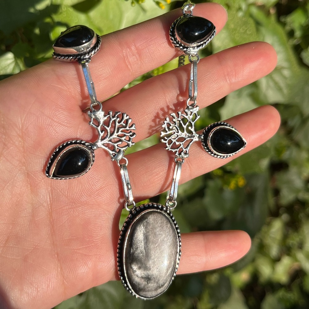925 silver overlay silver‎ sheen obsidian black onyx necklace